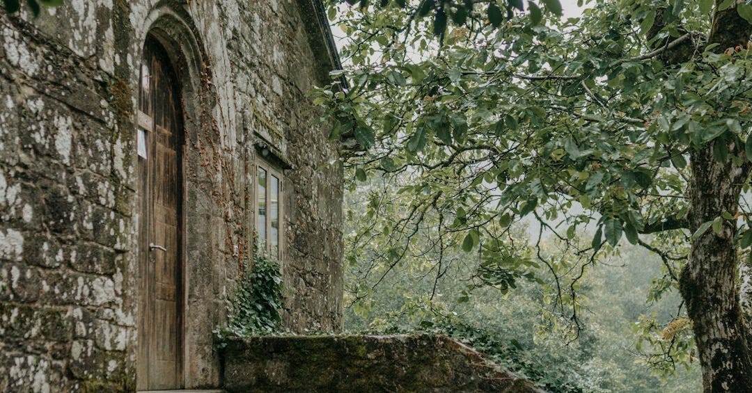 a stone building with trees around it a stone building with trees around it