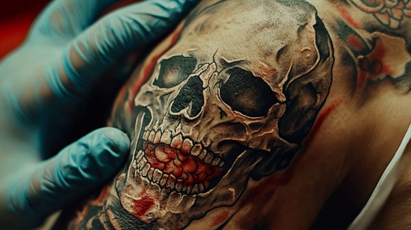 A close-up photo of a healing skull tattoo with a tattoo master's hand in the middle of the aftercare procedure. The artist carefully applies ointment to the detailed black and gray skull design, ensuring proper healing and maintaining the quality of the tattoo. The scene highlights the importance of professional aftercare in preserving the artwork. A close-up photo of a healing skull tattoo with a tattoo master's hand in the middle of the aftercare procedure. The artist carefully applies ointment to the detailed black and gray skull design, ensuring proper healing and maintaining the quality of the tattoo. The scene highlights the importance of professional aftercare in preserving the artwork.