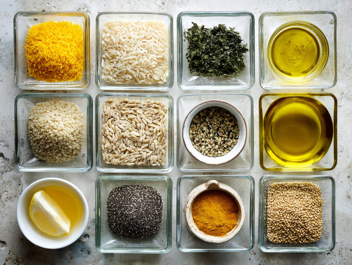 Pantry staples for no-decision meals: grain, protein, greens, spices, healthy fat, acid.