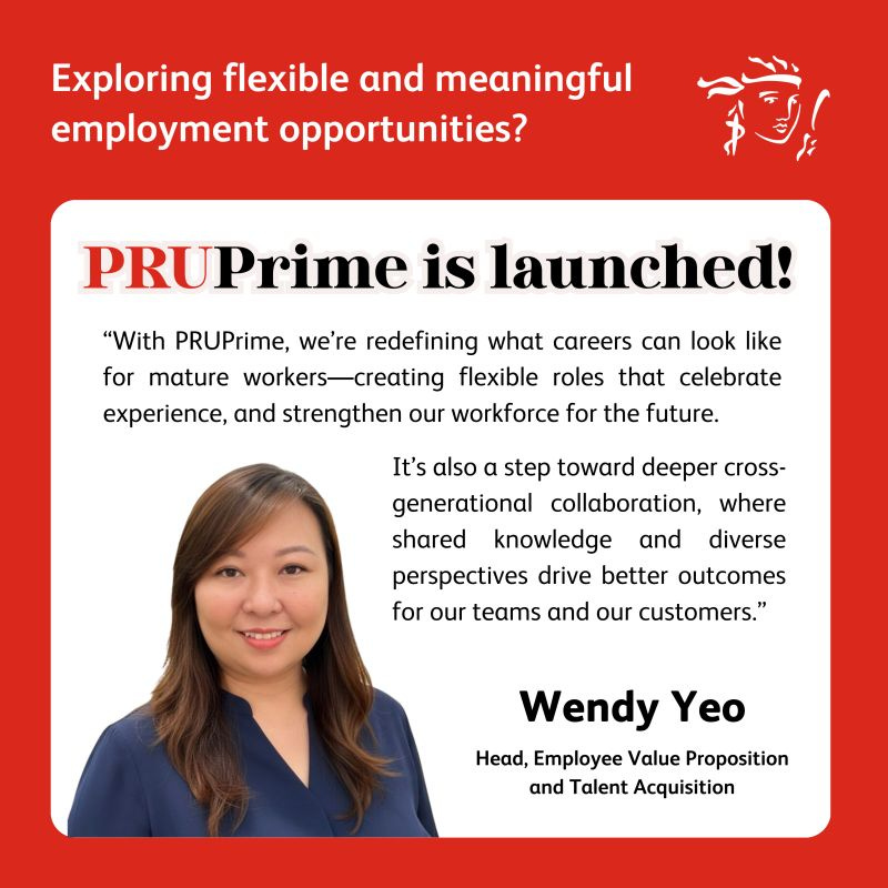 We've launched PRUPrime – where flexibility meets opportunity. PRUPrime is an employment initiative created to empower mature workers with meaningful career opportunities through innovative and… | Prudential Assurance Company Singapore We've launched PRUPrime – where flexibility meets opportunity. PRUPrime is an employment initiative created to empower mature workers with meaningful career opportunities through innovative and… | Prudential Assurance Company Singapore