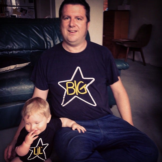 me wearing a big star t shirt and my baby wearing a matching lil' star t-shirt