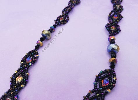 closeup photos of a beaded necklace made from black and rainbow/oil slick color shift beads