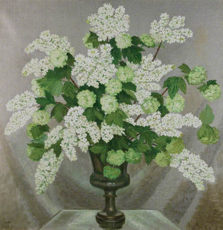 Elegant painting of white blossoms and light and dark green leaves in a dark vase on a table, set against a soft gray background. Calm and refined ambiance. Elegant painting of white blossoms and light and dark green leaves in a dark vase on a table, set against a soft gray background. Calm and refined ambiance.