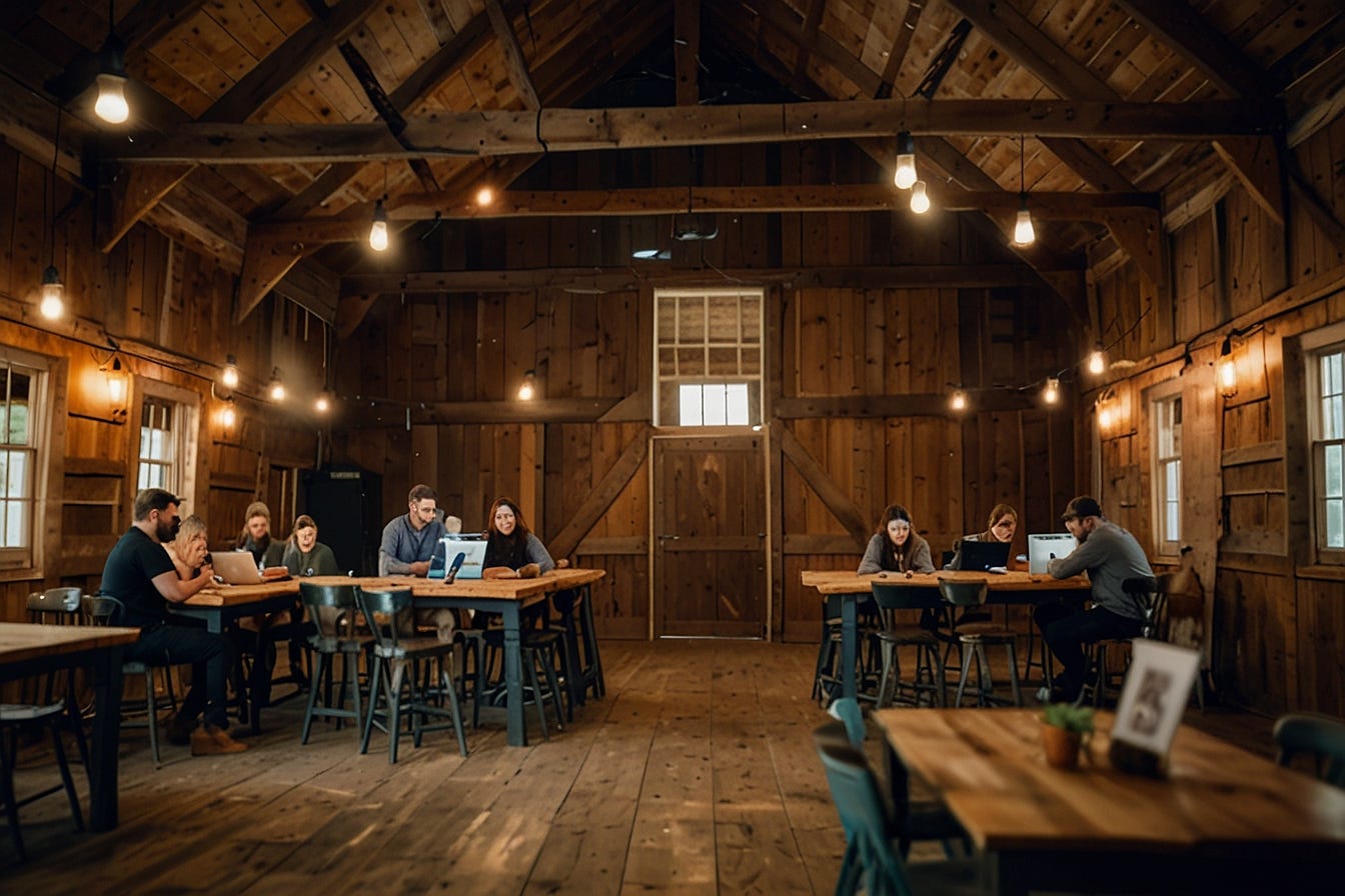 A barn with people working on laptops and having fun.