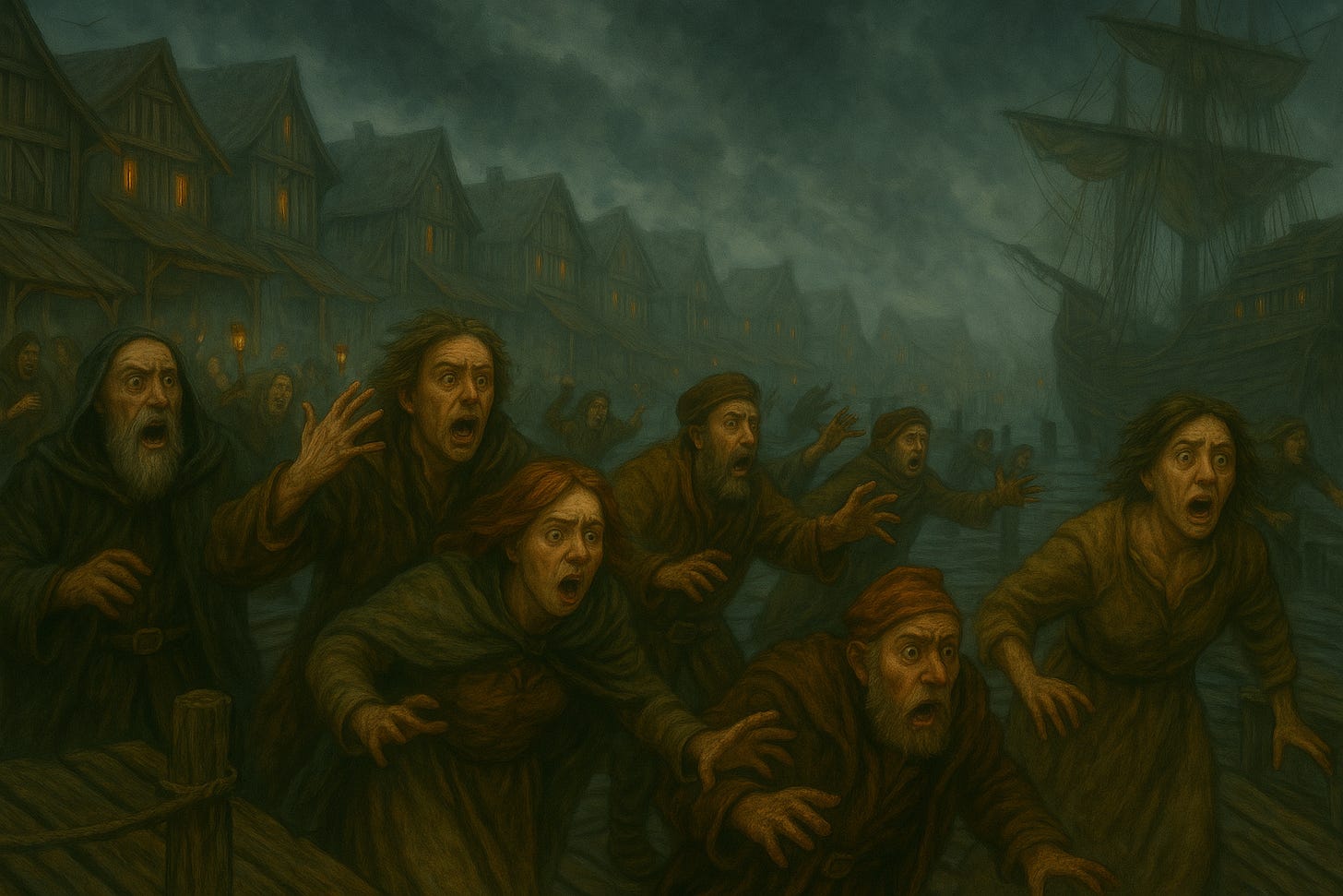Create a picture of the docks of Fogor Isle with people in a panic Create a picture of the docks of Fogor Isle with people in a panic