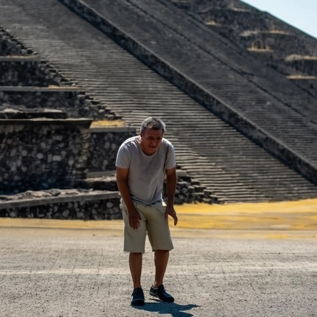 tourist man suffering diarrhea at Teotihuacan pyramid in mexico