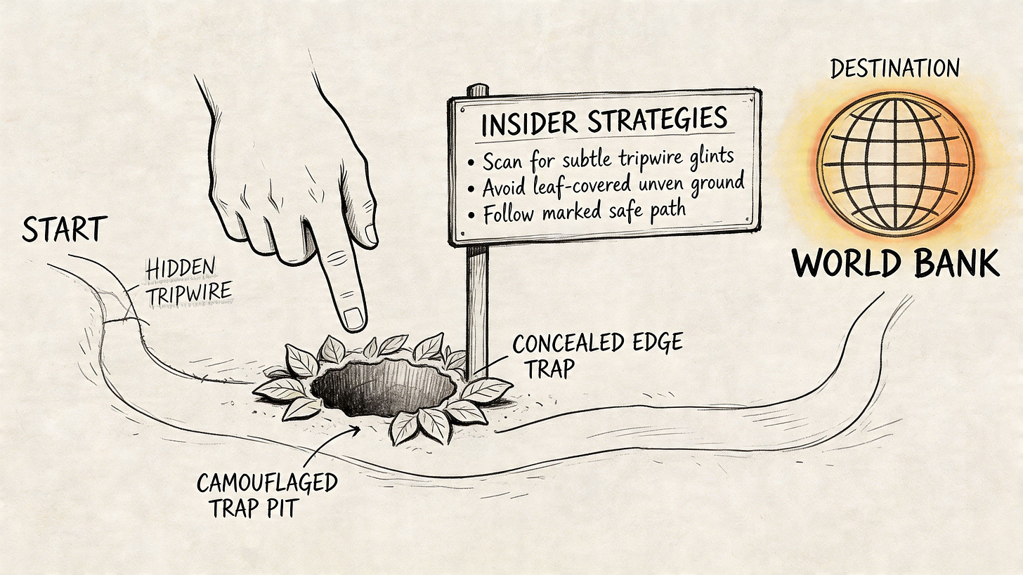 A hand points toward a camouflaged trap pit labeled as part of the World Bank interview process strategy.