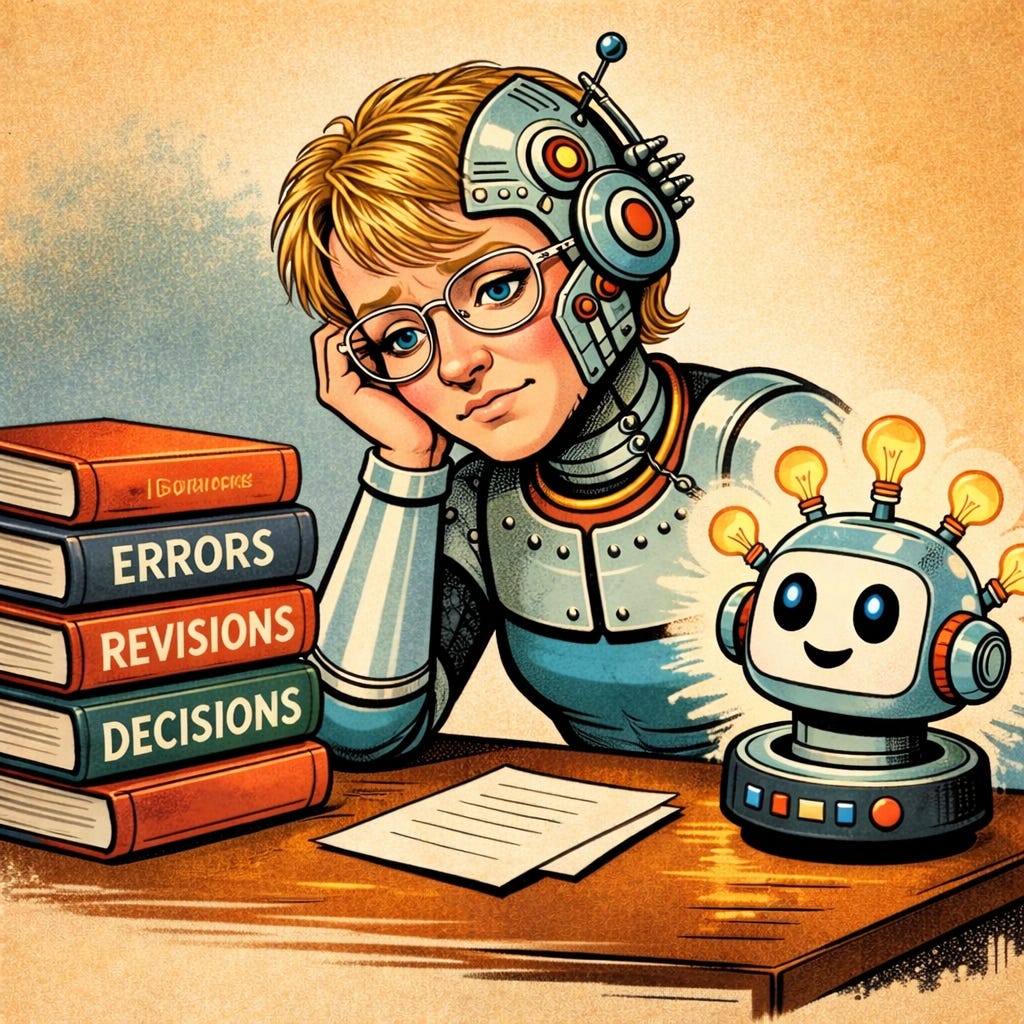 A woman cyborg looks sad next to three books named Errors, Revisions, and Decisions, while a cheerful robot looks on A woman cyborg looks sad next to three books named Errors, Revisions, and Decisions, while a cheerful robot looks on