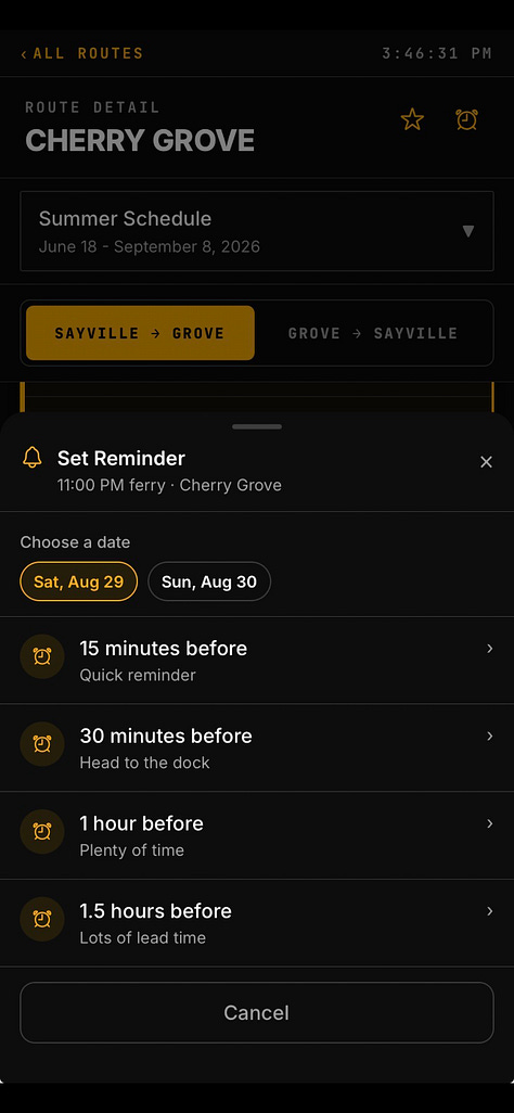 Screenshots of Boatload, a dark-mode app with gold accents. The home screen shows the next departures to Fire Island Pines and Cherry Grove with a countdown. Other screens show schedules by day and season, a Labor Day schedule-change alert, ferry reminders, and the app menu.