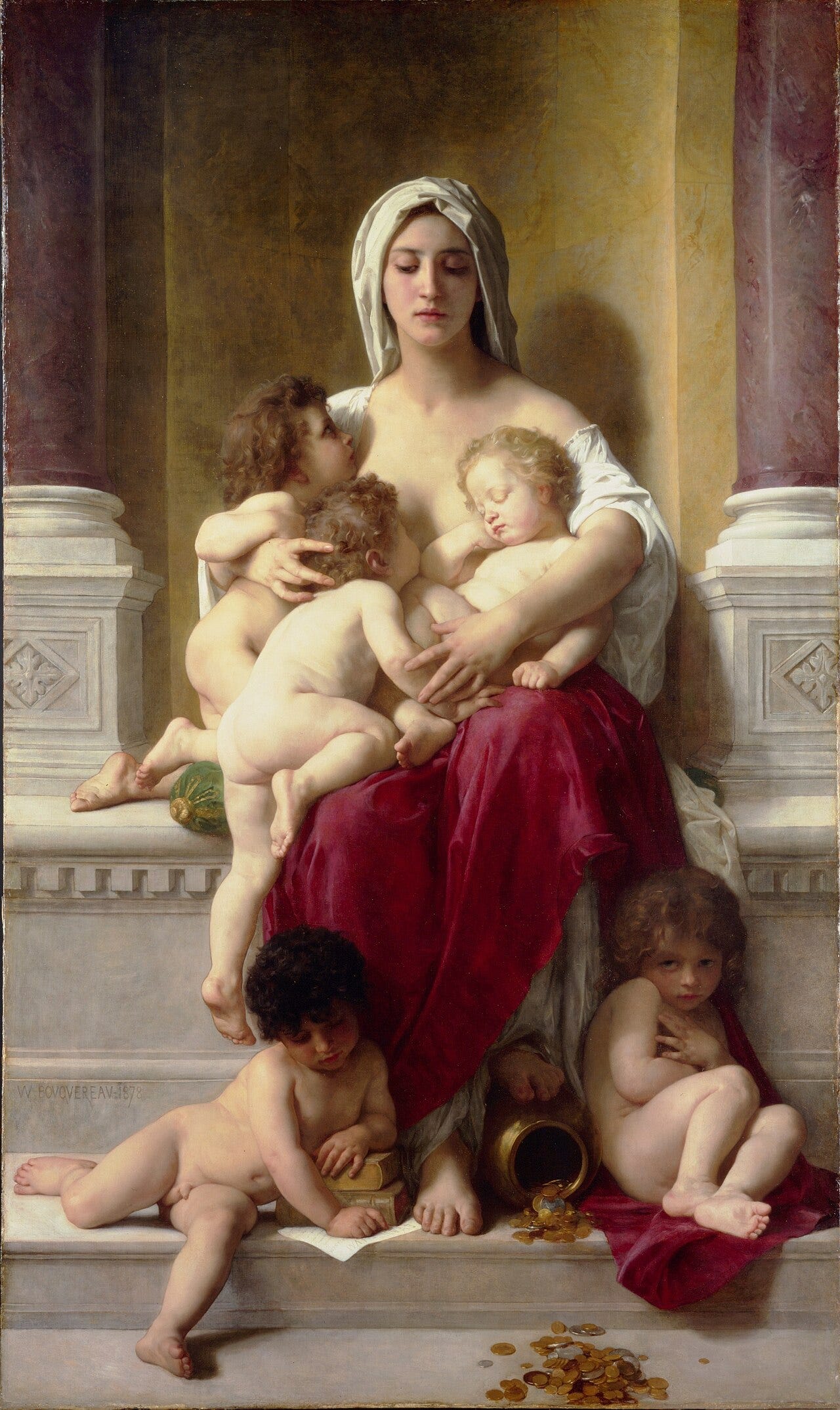 A seated mother in classical robes surrounded by four children A seated mother in classical robes surrounded by four children