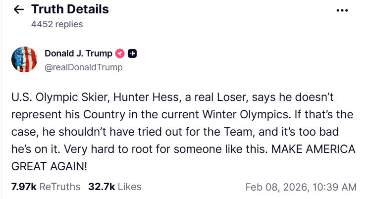 U.S. Olympic Skier, Hunter Hess, a real Loser, says he doesn’t represent his Country in the current Winter Olympics. If that’s the case, he shouldn’t have tried out for the Team, and it’s too bad he’s on it. Very hard to root for someone like this. MAKE AMERICA GREAT AGAIN!