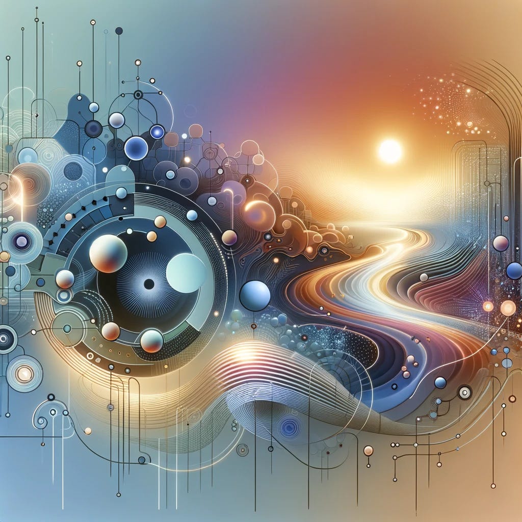 An abstract representation of 'New Horizons: Techno Optimist Utopia Powered by AI', with a less psychedelic and more harmonious approach, without any text on the image. The image should encapsulate a futuristic, utopian theme with subdued colors. Include elegant abstract shapes and patterns suggesting advanced technology and AI integration. Features like soft-glowing circuits, streamlined digital landscapes, and gently luminous interconnected nodes, symbolizing a networked AI system, should be included. The mood is positive, hopeful, and serene, depicting a future where technology and AI blend seamlessly into life. The composition should be clear, simple, and inviting, focusing on the visual representation of the title's concept.