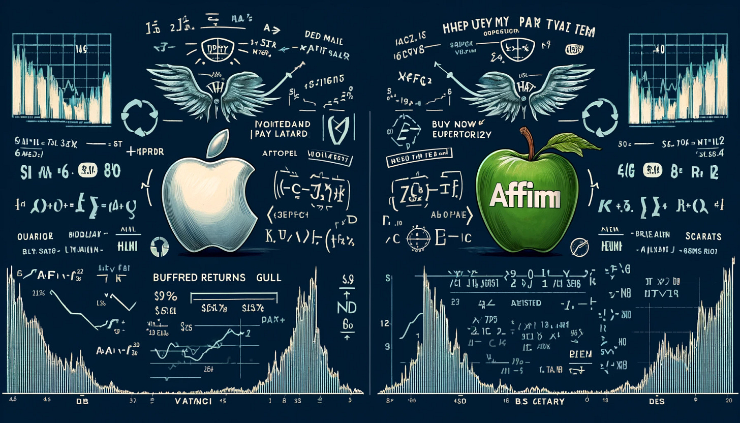 A comparison image for a blog about options and volatility investing. On the left side, show an illustration of Apple Inc. (AAPL) stock with its logo and upward/downward stock chart. On the right side, illustrate Affirm (AFRM) Buy Now Pay Later stocks with its logo and stock chart. In the center, include mathematical symbols and equations representing volatility and hedging strategies. At the bottom, depict the 'Hedged Equity Gull Structure' as a graph with buffered returns and opportunity capture elements.