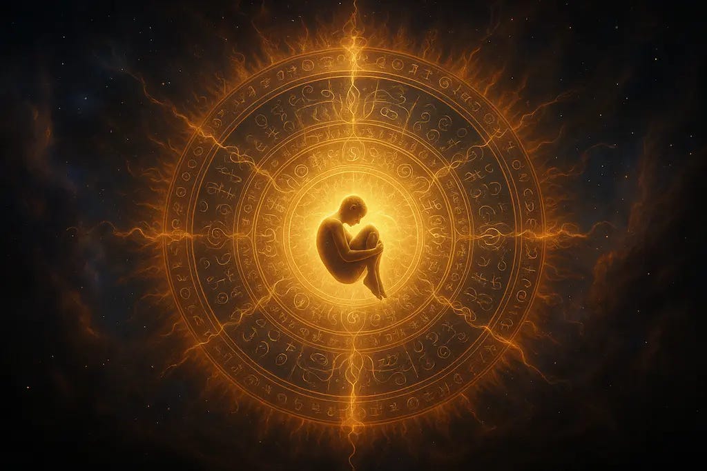 Figura humana em posição fetal flutua no centro de uma mandala cósmica luminosa, cercada por símbolos místicos e cordões de luz se desfazendo como se libertassem sua essência.