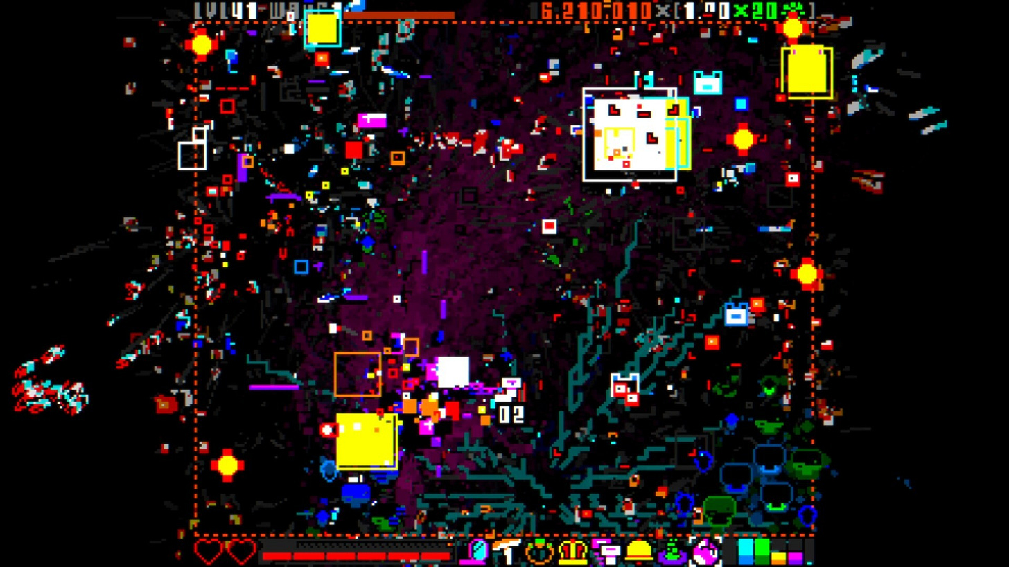 A spray of colorful pixels in a chaotic arcade  twin-stick shooter