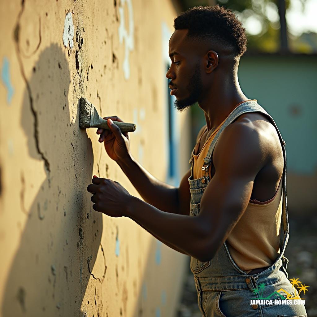 Jamaican man, dressed in worn denim overalls and a faded tank top, intently applies plaster to a weathered wall, his dark skin glistening with sweat in the bright Caribbean sunlight. The camera captures the scene in a cinematic film still, reminiscent of the works of renowned cinematographers such as Emmanuel Lubezki Jamaican man, dressed in worn denim overalls and a faded tank top, intently applies plaster to a weathered wall, his dark skin glistening with sweat in the bright Caribbean sunlight. The camera captures the scene in a cinematic film still, reminiscent of the works of renowned cinematographers such as Emmanuel Lubezki