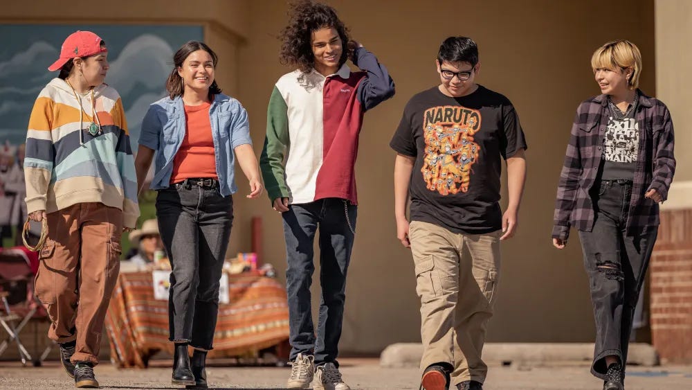 Five cast members from Reservation Dogs, looking like they're having a nice time!