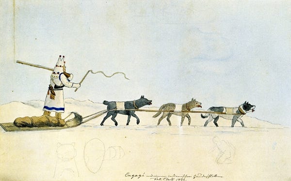 Painting of a man wearing a capote with a sled pulled by 3 dogs