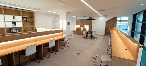 The fifth floor is designated for coworking, where users can reserve spaces to work in groups.