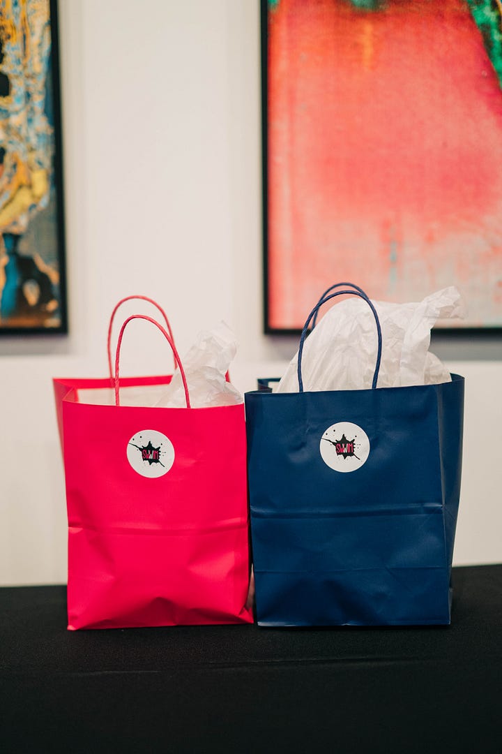 Photos of SWWIM gift bags and the front entrance of The Betsy Hotel.