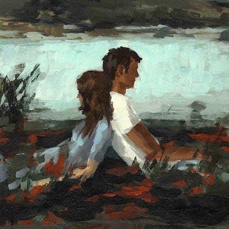 This may contain: a painting of a man and woman sitting in the grass with flowers around them, looking out over water