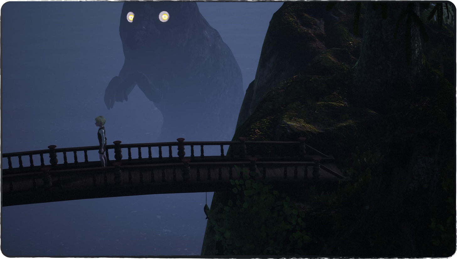 An image showing a distant creature that is shaped like a mountain, turning towards the camera with glowing eyes.