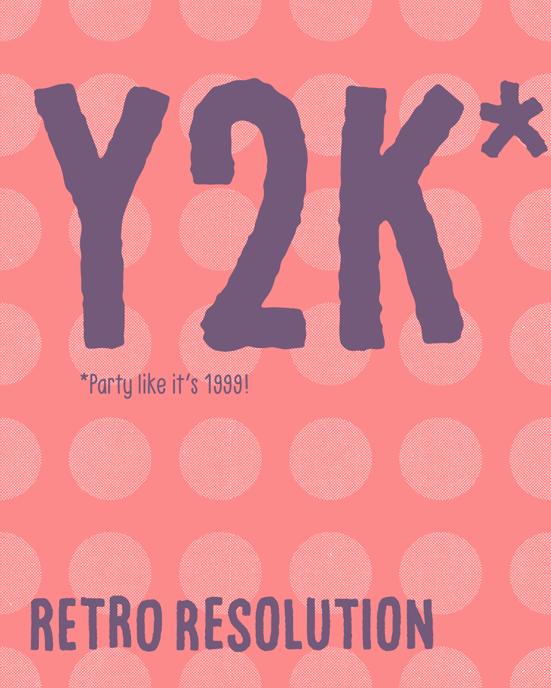 Image card with the letters Y2K and an asterisk enlarged in the centre of the composition surrounded by a decorative pink poka dot pattern. The asterisk connects to a subtitle that reads Party like it's 1999! The caption reads Retro Resolution.
