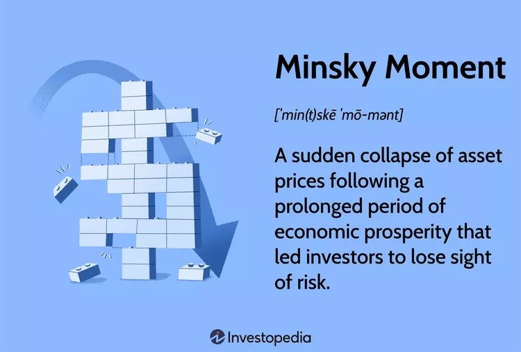 Infographic on blue background with title Minsky Moment in large text, phonetic spelling below, definition text explaining sudden collapse of asset prices after prolonged economic prosperity leading investors to lose sight of risks, abstract graphic of stacked blocks toppling over, Investopedia logo at bottom.
