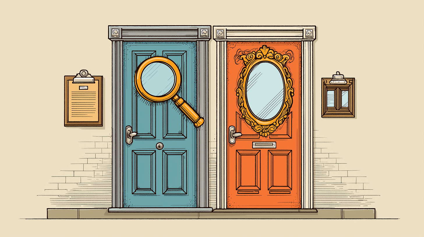 Conceptual editorial illustration of two identical doors side by side, both slightly open. Through the left door, a clipboard and magnifying glass are visible. Through the right door, a trophy and rubber stamp. Grayscale line art with orange accent on the left door and cyan on the right.