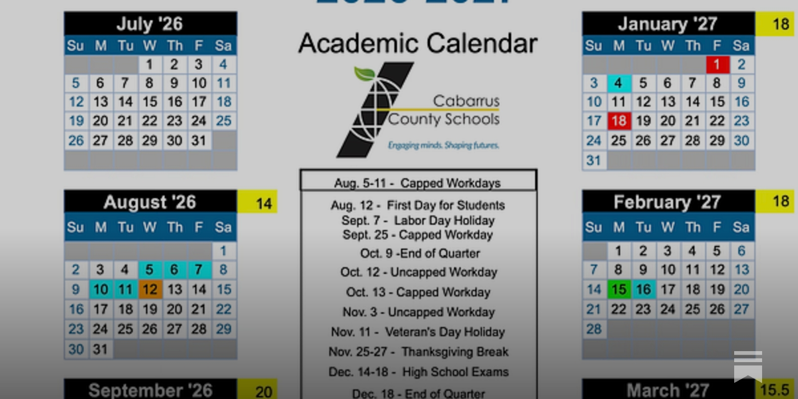 Cabarrus County school board approves 2026–27 academic calendars