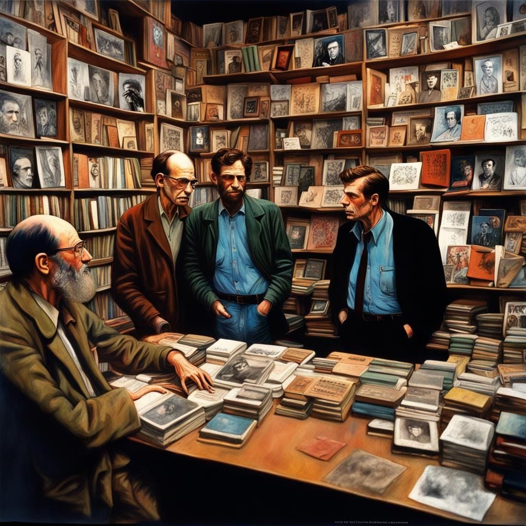 in one image together, Allen Ginsberg and Jack Kerouac and William S. Burroughs and Gregory Corso and Lawrence Ferlinghetti, all in the Lawr...