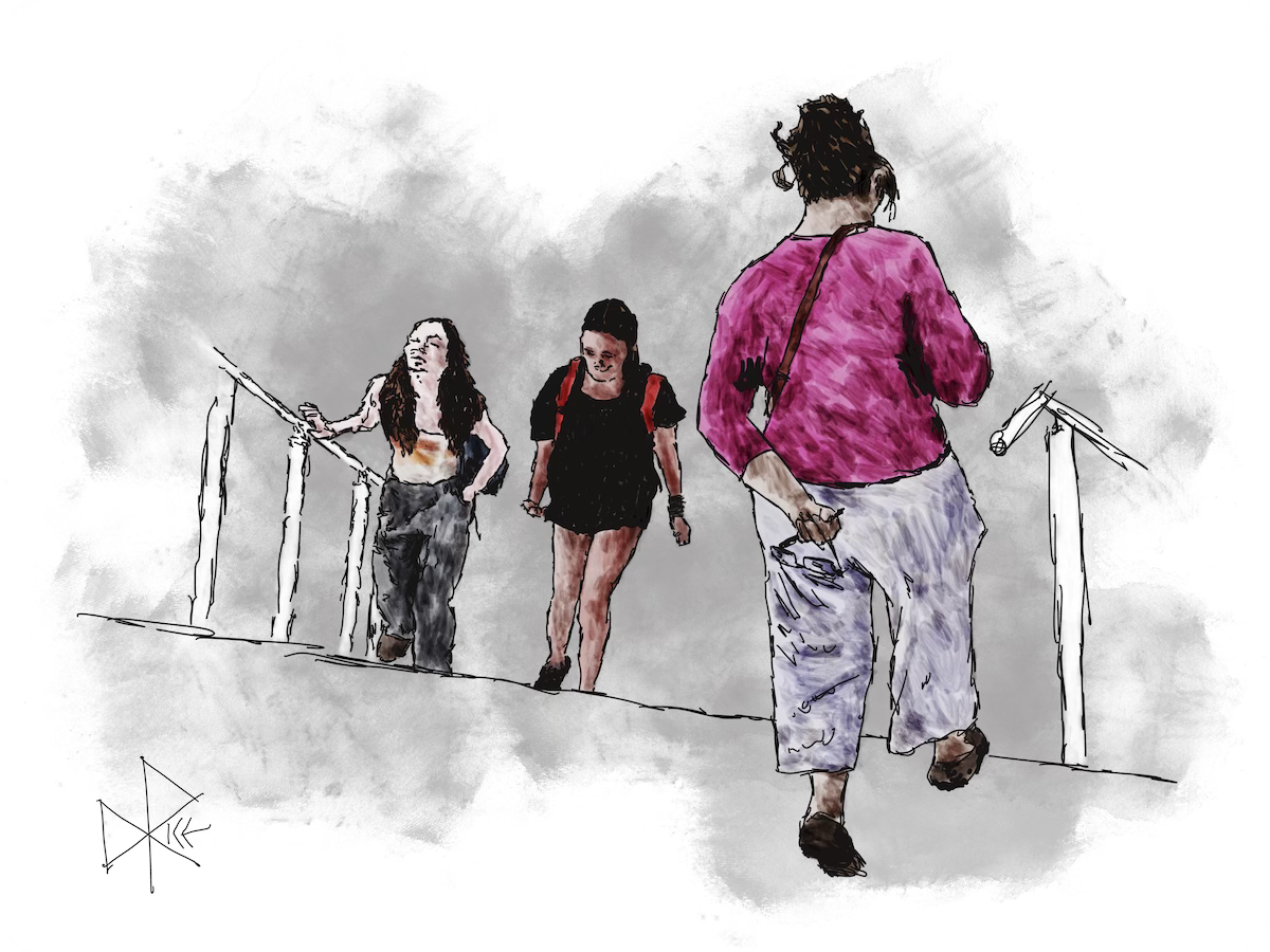 Two young women walking up some steps as another woman prepares for her descent of them. Sketch art by Don Rice. Two young women walking up some steps as another woman prepares for her descent of them. Sketch art by Don Rice.