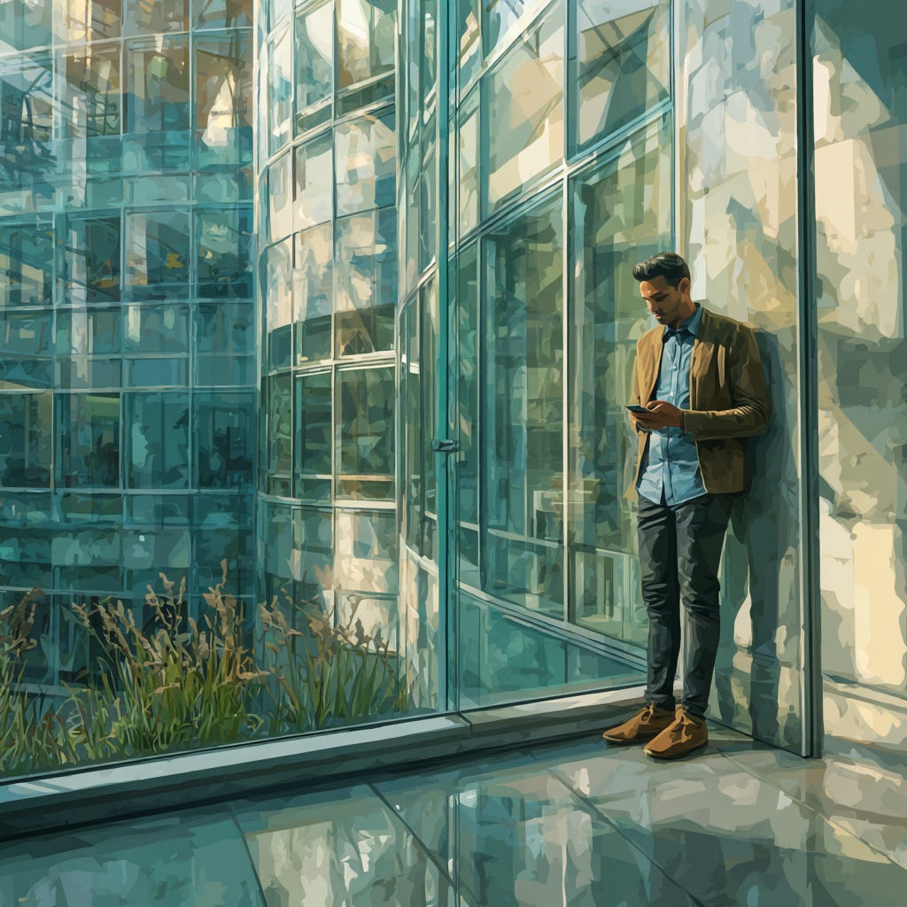A professional man in smart-casual attire stands alone in a modern glass office building, absorbed in his smartphone. The image conveys the subtle, solitary nature of Shadow AI use in the workplace—where employees independently adopt generative AI tools without official oversight. Surrounded by reflective surfaces and greenery, the scene symbolizes transparency juxtaposed with hidden digital behavior. This visual accompanies a Substack article on the legal, data security, and governance implications of unmonitored AI usage in corporate environments, especially relevant for General Counsel, CIOs, and risk professionals managing emerging AI tools.