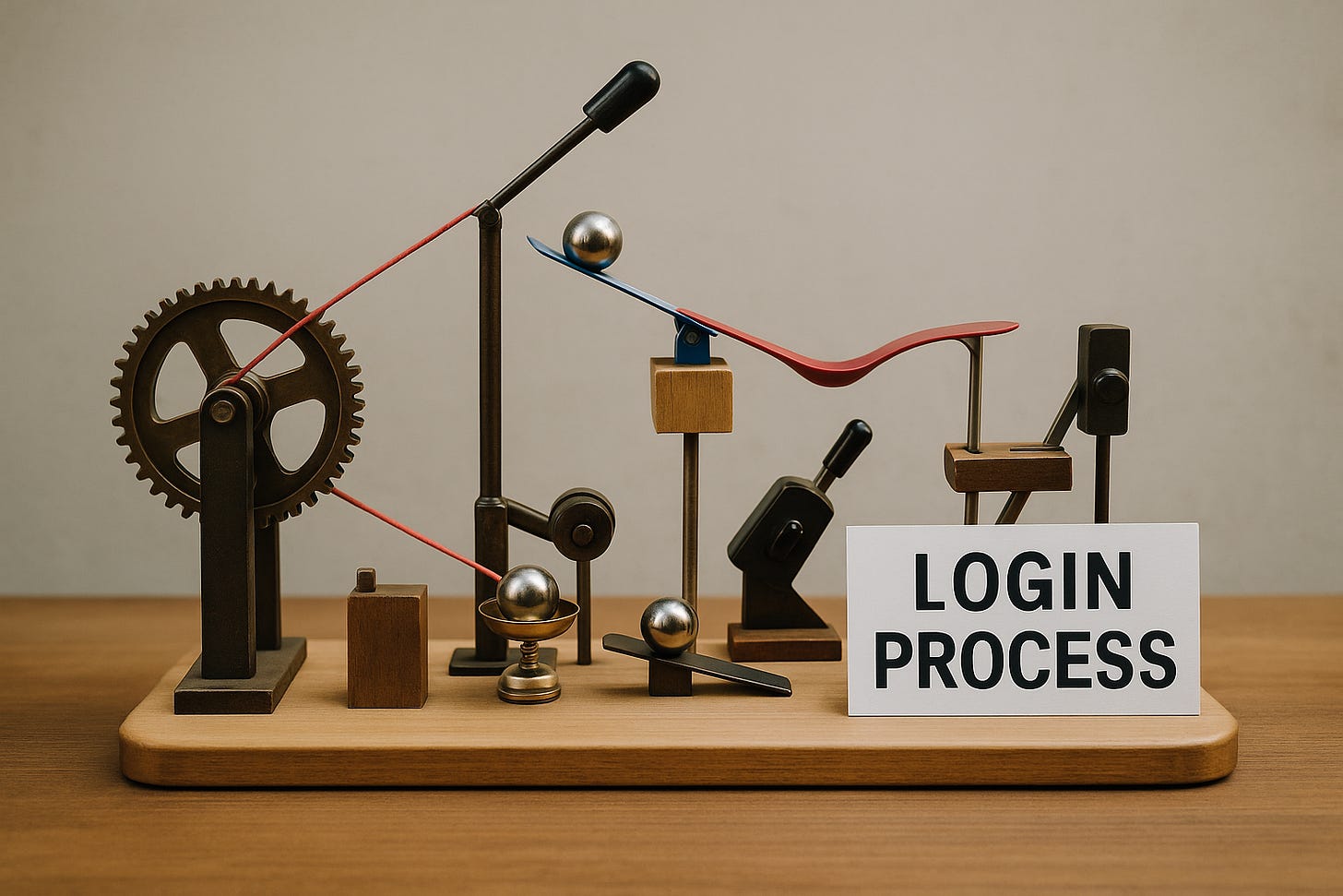 A Rube Goldberg machine labelled “Login process”