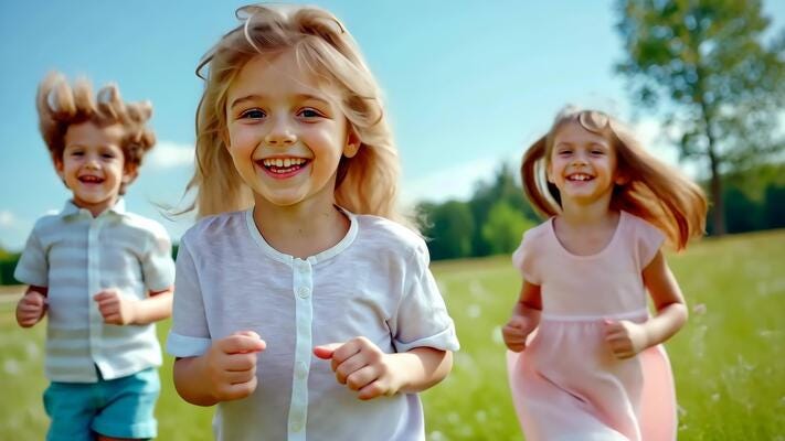 Happy group children blonde girl running with friends in a lively garden,  enjoying laughter and smiles on a sunny summer day