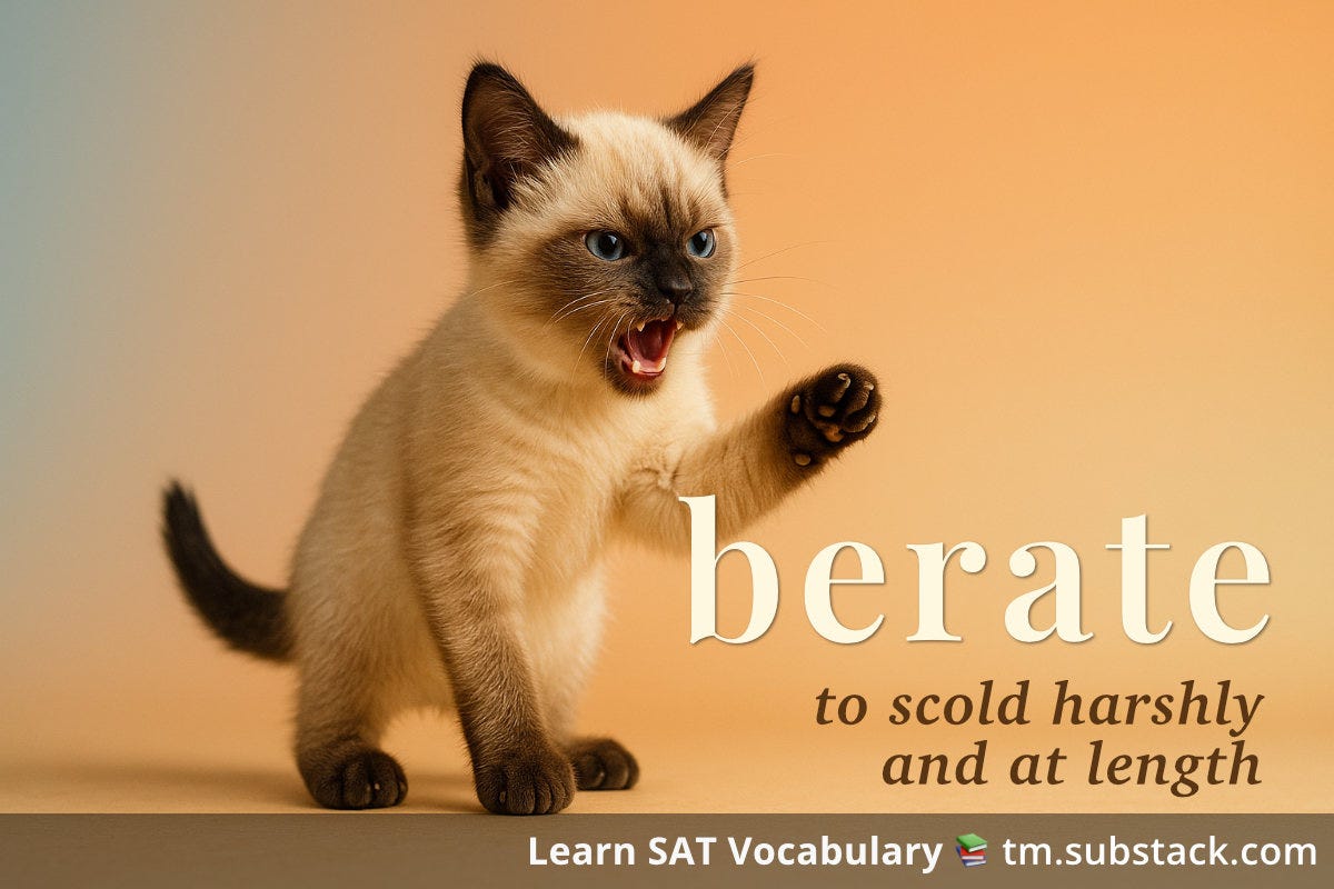 Illustration of a kitten scolding (something or someone not in the image); used to illustrate the SAT word 'berate'.