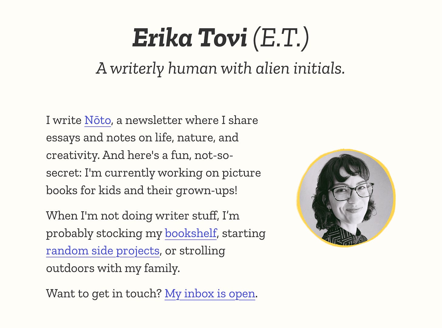 Screenshot from the author's website. Her name is Erika Tovi, and the subtitle says, "A writerly human with alien initials." The screenshot is from the home page at erikatovi.com.