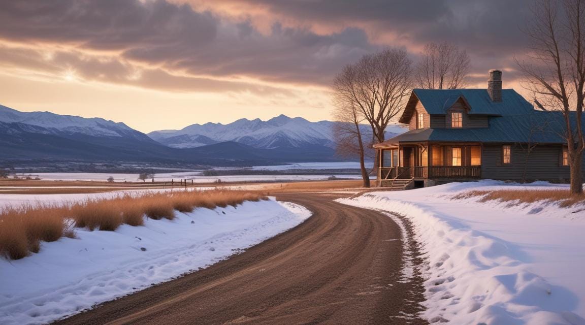 House on a dirt road in the winter