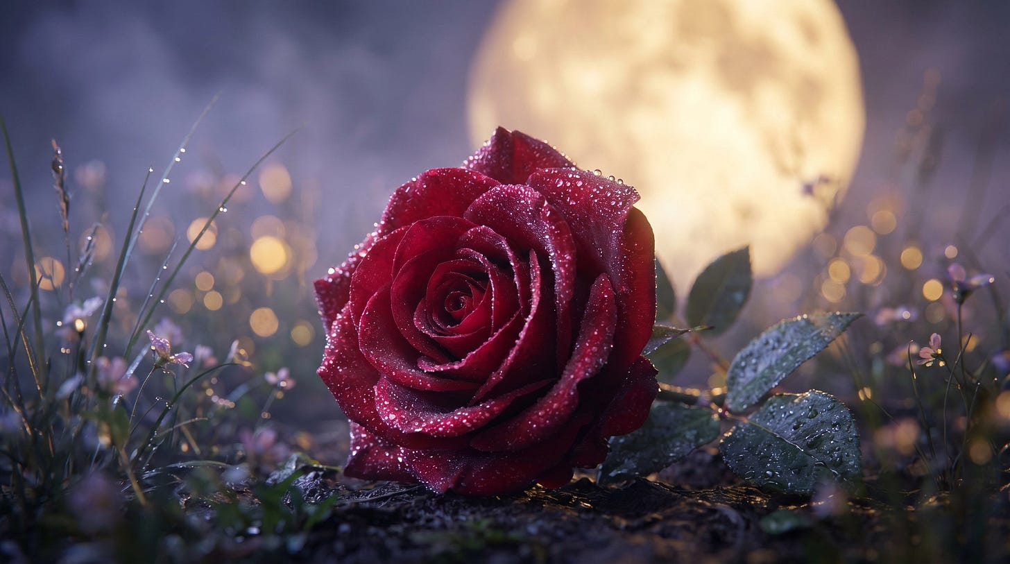 Ön planda çiy damlalarıyla kaplı kırmızı bir gül, arka planda ise düşsel bir gece atmosferinde flu bir dolunay ışığı.