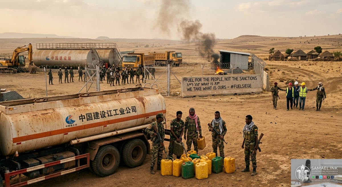 A dynamic, documentary-style photograph of a Chinese construction site in Ethiopia being raided. In the foreground, armed Ethiopian men siphoning fuel from a rusty Chinese construction truck into yellow and green jerry cans. In the background, there are large horizontal fuel storage tanks and earth-moving equipment. On a concrete barrier, graffiti in English and Amharic reads: "FUEL FOR THE PEOPLE, NOT THE SANCTIONS" and "WE TAKE WHAT IS OURS - #FUELSIEGE". A plume of black smoke is rising in the background. In the upper right, a group of Chinese nationals in hard hats are being escorted away by other armed rebels. The landscape is arid and rural. The image has a grainy, high-contrast, news-photography feel.