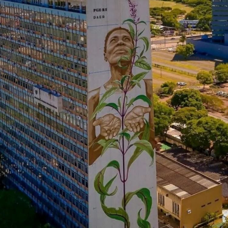 Os dois muralistas de renome internacional pintaram um desenho de 65 metros de altura por 15 metros de largura que retrata uma planta nativa da Região Sul, a Justicia gendarussa, conhecida como quebra-demanda, abre-caminho e vence-tudo, que cresce entre os braços de uma mulher negra com as mãos abertas.  Segundo eles, o vegetal simboliza resiliência, superação e resistência, sendo utilizado por religiões de matriz africana. A imagem serve de inspiração para o cuidado com as pessoas, a defesa da natureza e a igualdade racial.