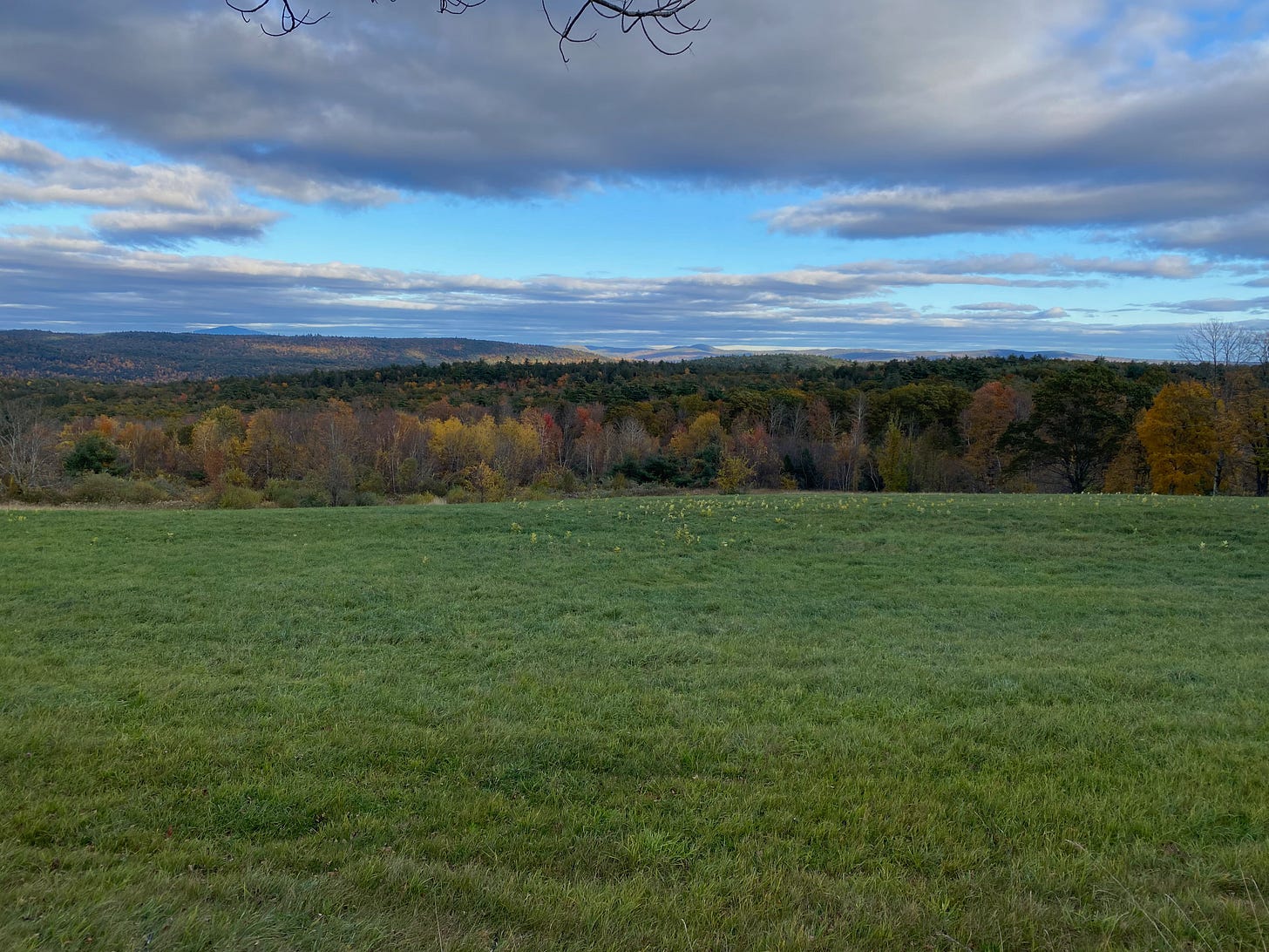 A bright green field with a sweeping view of hills in their fall glory and a sky of silver, blue, and purple clouds.