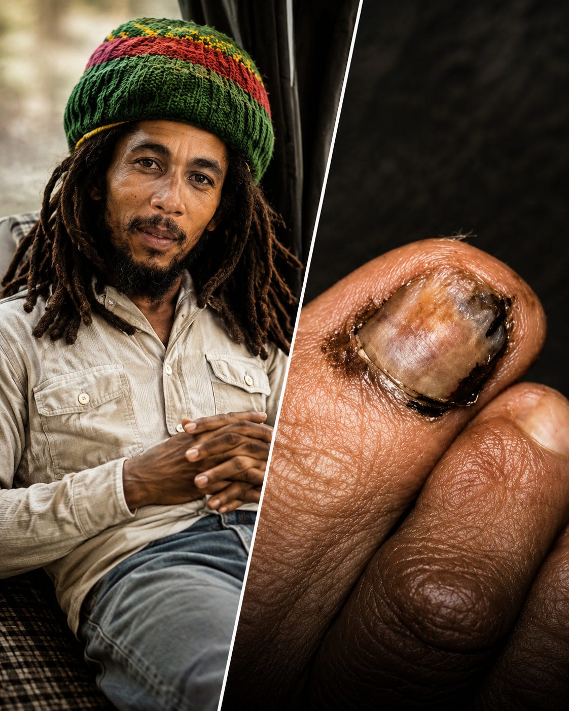 A dramatic split-image composition showing a Bob Marley-inspired portrait on one side and a close-up of a damaged toenail on the other, separated by a sharp diagonal divide. The image symbolises the hidden illness that ultimately claimed the reggae legend’s life, contrasting his global image and cultural influence with the little-known medical battle behind the scenes. A dramatic split-image composition showing a Bob Marley-inspired portrait on one side and a close-up of a damaged toenail on the other, separated by a sharp diagonal divide. The image symbolises the hidden illness that ultimately claimed the reggae legend’s life, contrasting his global image and cultural influence with the little-known medical battle behind the scenes.