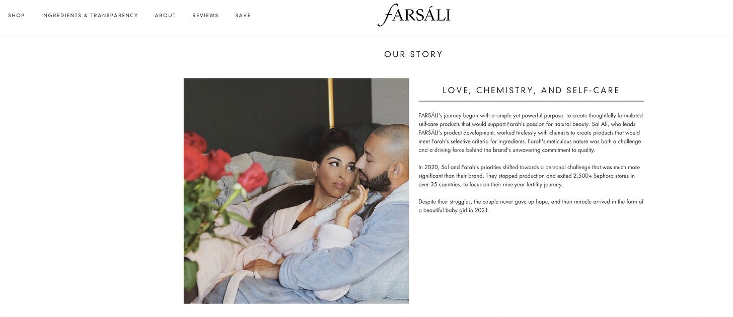 Farsali's About page talks about love, chemistry and self-care, which is what the brand is ultimately all about Farsali's About page talks about love, chemistry and self-care, which is what the brand is ultimately all about
