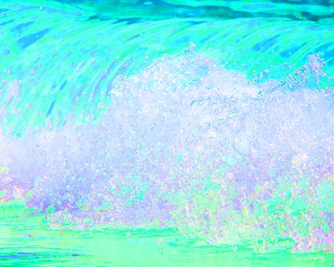 A series of three images show a close-up of a crashing wave, first in natural colors, then dark, then neon.