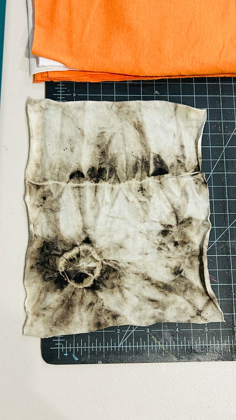 Three images of homemade walnut ink on cotton, with hand stitching.