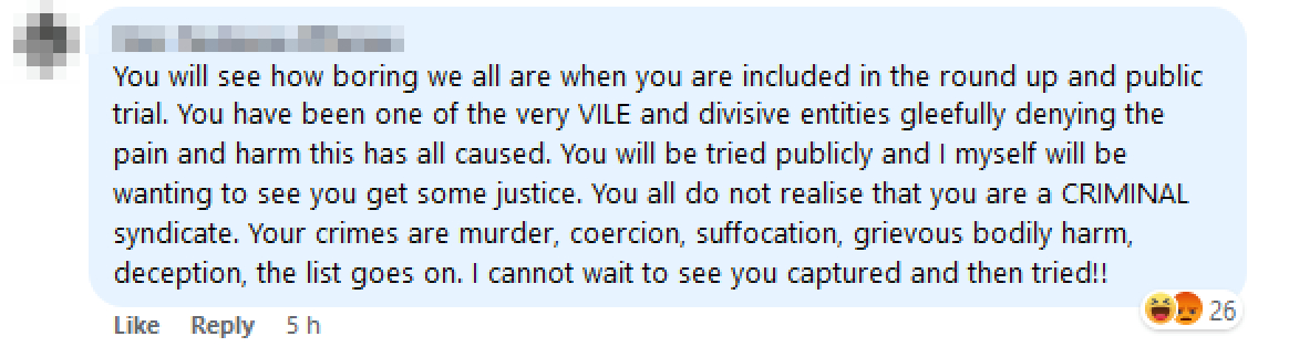 “You will see how boring we all are when you are included in the round up and public trial…” was posted on public Facebook page “You will see how boring we all are when you are included in the round up and public trial…” was posted on public Facebook page