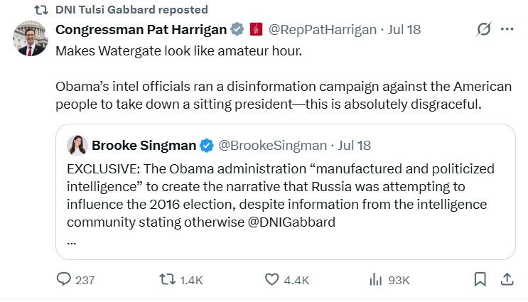 Congressman Pat Harrigan: “Makes Watergate look like amateur hour. Obama’s intel officials ran a disinformation campaign against the American people to take down a sitting president — this is absolutely disgraceful.” Congressman Pat Harrigan: “Makes Watergate look like amateur hour. Obama’s intel officials ran a disinformation campaign against the American people to take down a sitting president — this is absolutely disgraceful.”