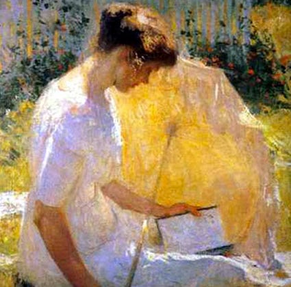 oil painting of woman reading outside by frank benson 1910