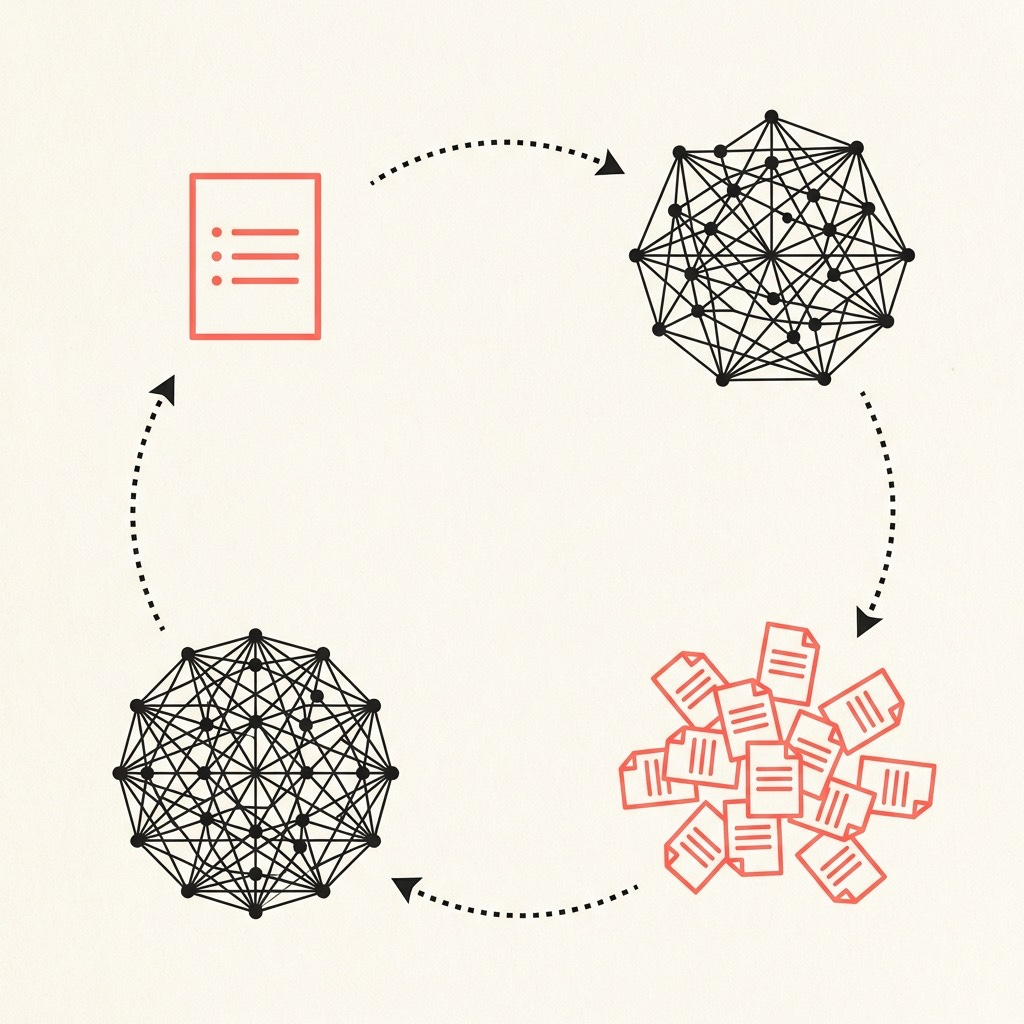 The Round-Trip Economy: a document enters  an AI network, spawns dozens of outputs,  collapses back through another network  into bullet points — the cycle that makes  AI adoption metrics rise while value stays flat.
